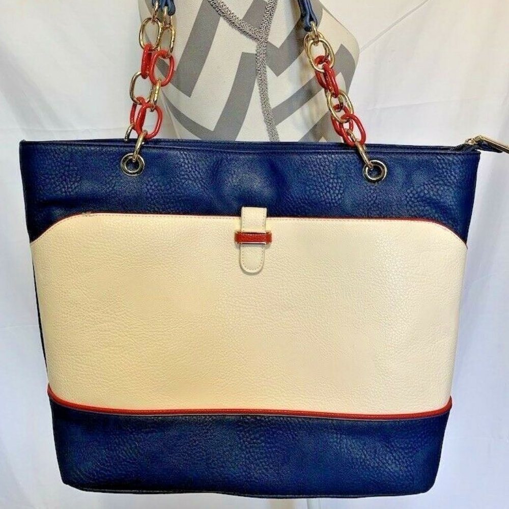 Cathy ~ Blue/White/Red Tote Travel Carry On Bag  with 1/2 Chain Handle